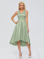 V-neck High-Low Satin Prom Dresses