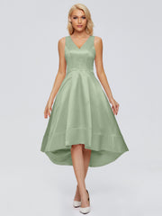 V-neck High-Low Satin Prom Dresses
