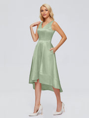 V-neck High-Low Satin Prom Dresses