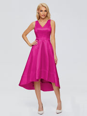 V-neck High-Low Satin Prom Dresses