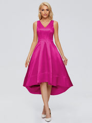 V-neck High-Low Satin Prom Dresses