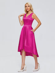 V-neck High-Low Satin Prom Dresses