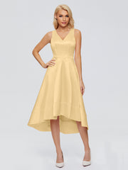 V-neck High-Low Satin Prom Dresses