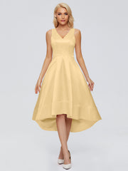 V-neck High-Low Satin Prom Dresses