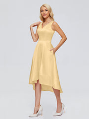 V-neck High-Low Satin Prom Dresses