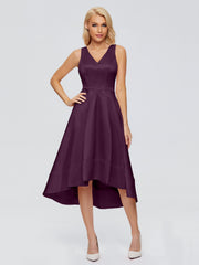 V-neck High-Low Satin Prom Dresses