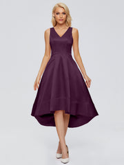 V-neck High-Low Satin Prom Dresses