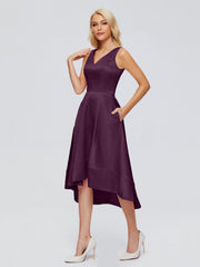 V-neck High-Low Satin Prom Dresses