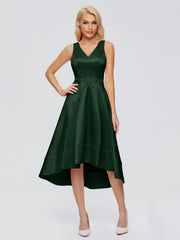 V-neck High-Low Satin Prom Dresses