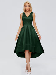 V-neck High-Low Satin Prom Dresses