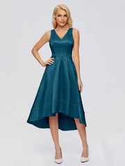 V-neck High-Low Satin Prom Dresses
