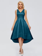 V-neck High-Low Satin Prom Dresses