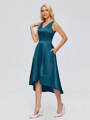 V-neck High-Low Satin Prom Dresses