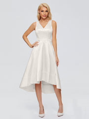 V-neck High-Low Satin Prom Dresses