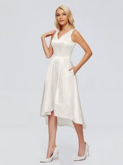 V-neck High-Low Satin Prom Dresses