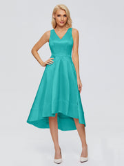 V-neck High-Low Satin Prom Dresses