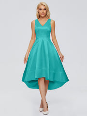 V-neck High-Low Satin Prom Dresses