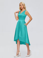 V-neck High-Low Satin Prom Dresses