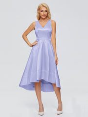 V-neck High-Low Satin Prom Dresses