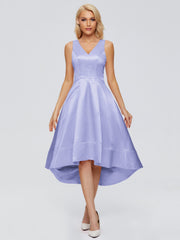 V-neck High-Low Satin Prom Dresses