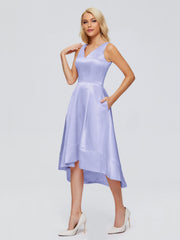 V-neck High-Low Satin Prom Dresses
