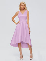 V-neck High-Low Satin Prom Dresses