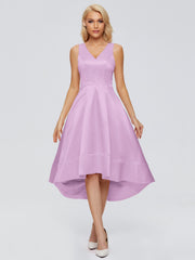 V-neck High-Low Satin Prom Dresses