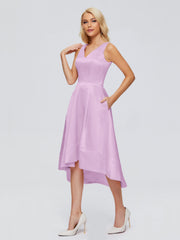 V-neck High-Low Satin Prom Dresses