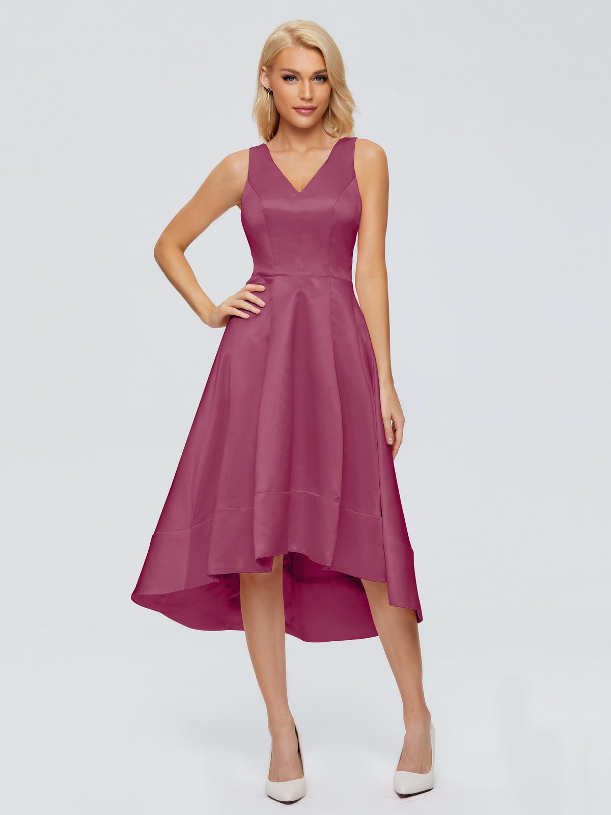 V-neck High-Low Satin Prom Dresses