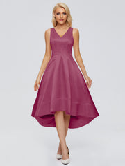 V-neck High-Low Satin Prom Dresses