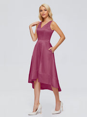 V-neck High-Low Satin Prom Dresses