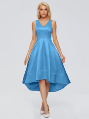 V-neck High-Low Satin Prom Dresses