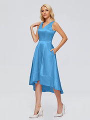 V-neck High-Low Satin Prom Dresses