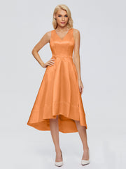 V-neck High-Low Satin Prom Dresses