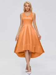 V-neck High-Low Satin Prom Dresses