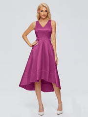 V-neck High-Low Satin Prom Dresses