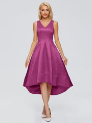 V-neck High-Low Satin Prom Dresses