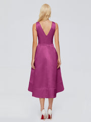 V-neck High-Low Satin Prom Dresses