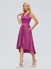 V-neck High-Low Satin Prom Dresses