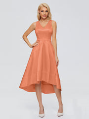 V-neck High-Low Satin Prom Dresses