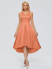 V-neck High-Low Satin Prom Dresses