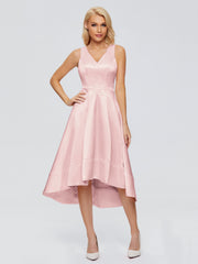 V-neck High-Low Satin Prom Dresses