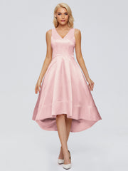 V-neck High-Low Satin Prom Dresses