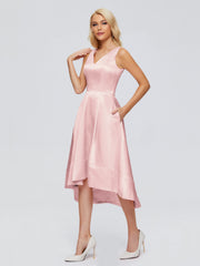 V-neck High-Low Satin Prom Dresses