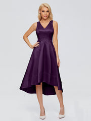 V-neck High-Low Satin Prom Dresses