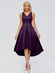 V-neck High-Low Satin Prom Dresses