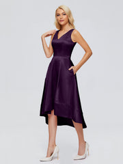 V-neck High-Low Satin Prom Dresses