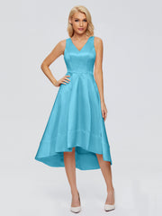 V-neck High-Low Satin Prom Dresses