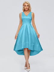 V-neck High-Low Satin Prom Dresses