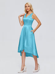 V-neck High-Low Satin Prom Dresses